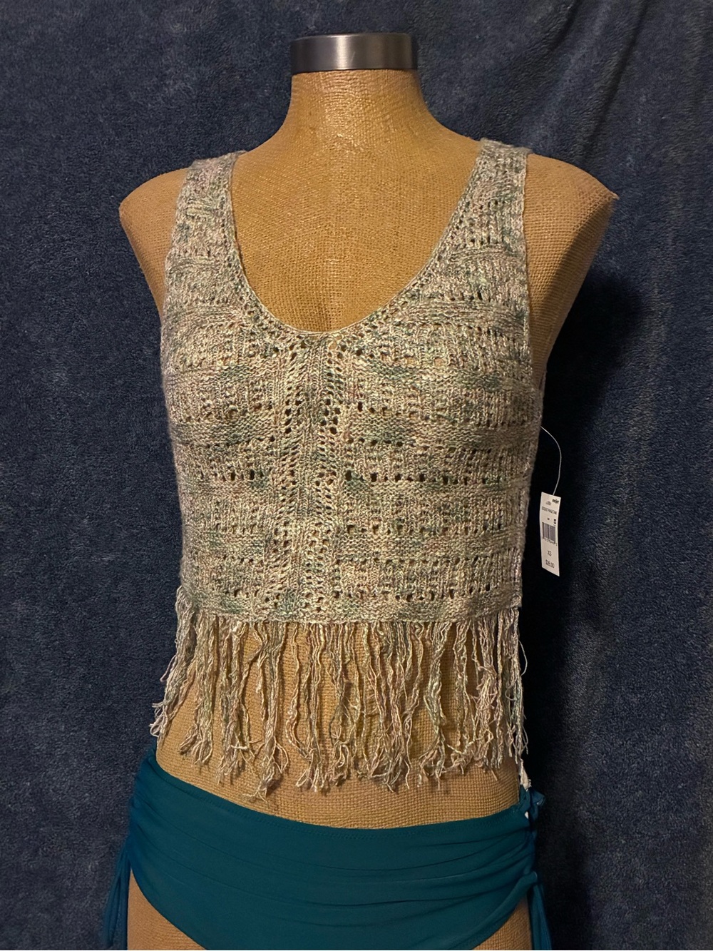 Fringed Knit Crop Tank Top - Sage Blend